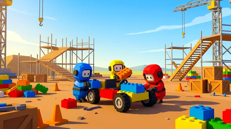 Tres constructores de Jank Yard montando un kart de bloques en la obra