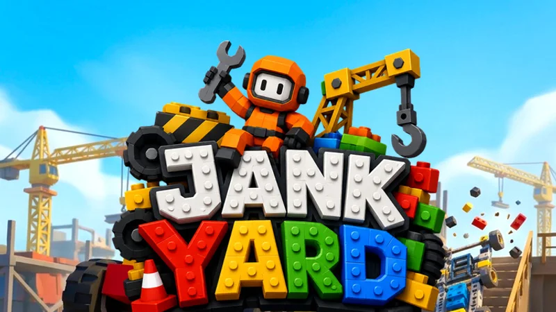 Un grupo de constructores de Jank Yard con gorros de fiesta, coronas y gafas de sol junto a sus karts