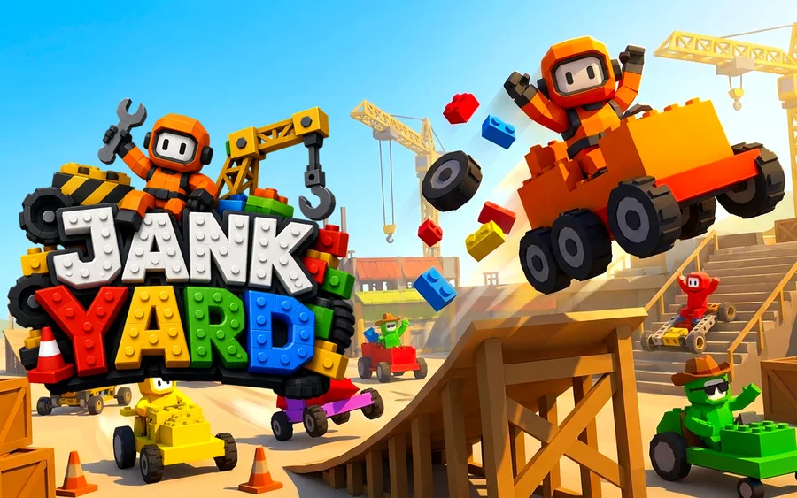 Jank Yard key art: brick-built vehicles and builders in a construction yard