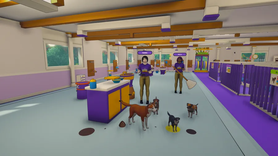 The Kennel Chaos wash room, with tubs, grooming tables and a dog waiting for its bath