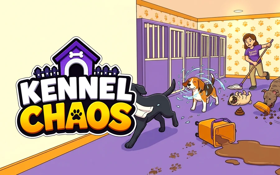 Kennel Chaos key art: dogs making a mess of a dog daycare while a staff member mops