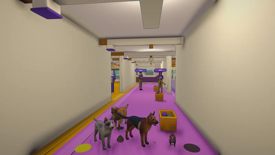 A Kennel Chaos corridor with dogs, a dropped crate and paw prints tracked along the floor