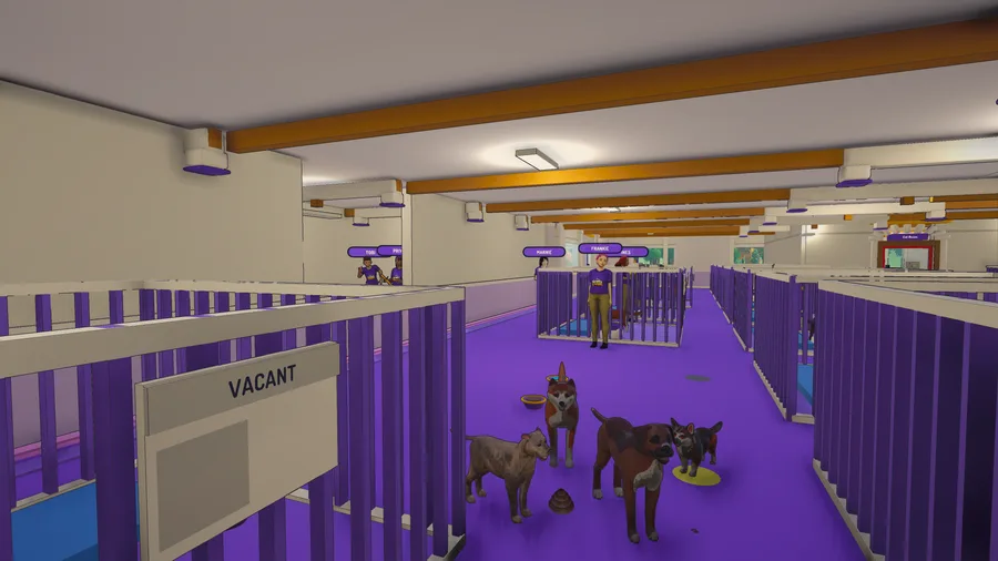 Kennel runs in Kennel Chaos, dogs loose in the aisle beside a VACANT kennel sign