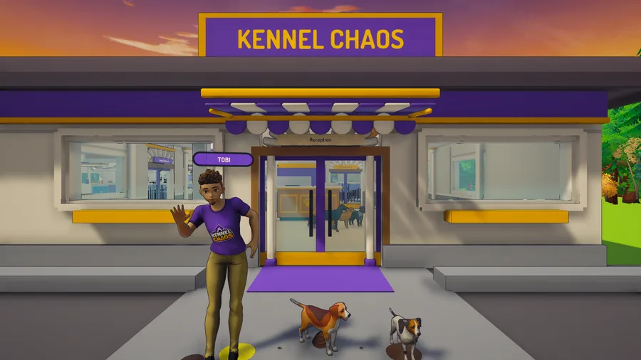 The Kennel Chaos storefront, a staff member waving outside the daycare's front doors
