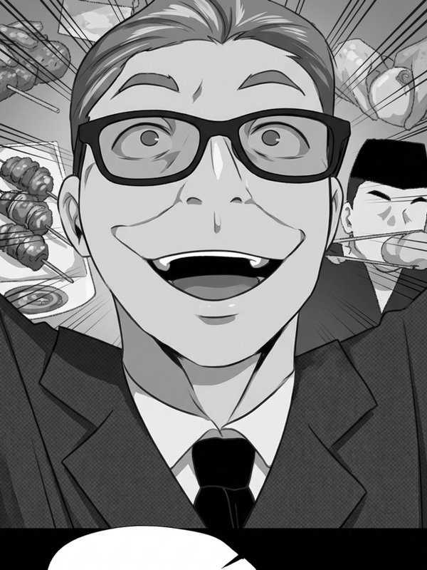 Original black and white manga panel — character with glasses laughing over yakitori