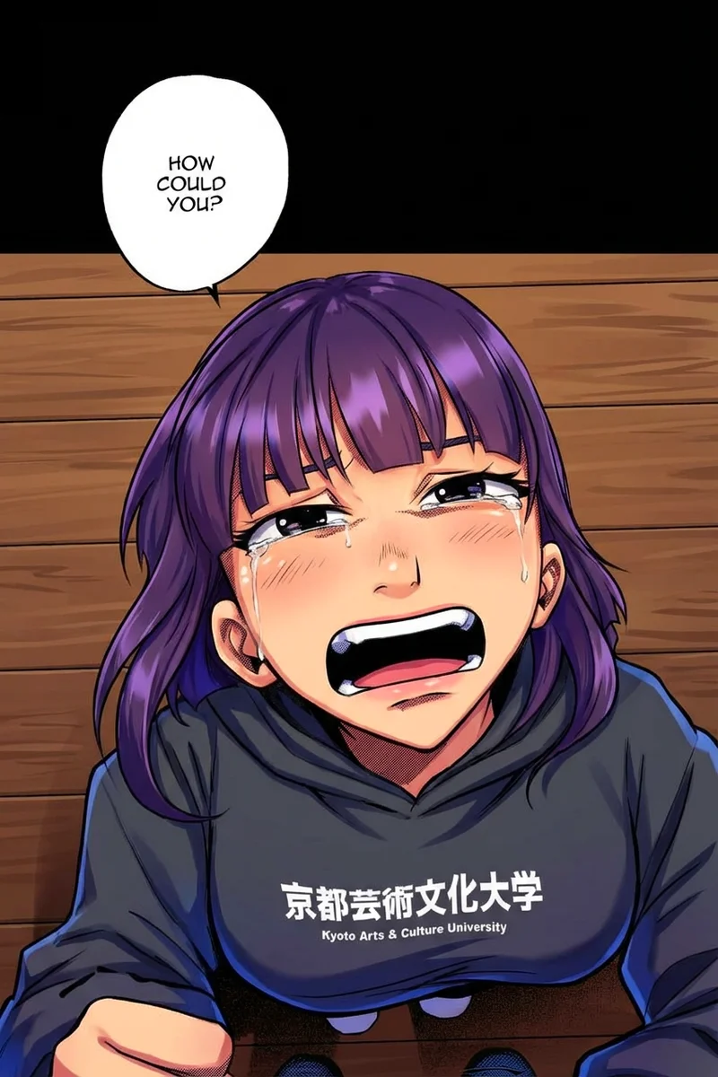 Colorized manga panel — girl crying with vivid purple hair and navy hoodie, warm wooden wall background