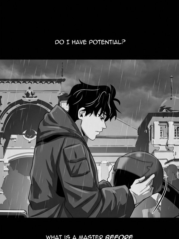 Original black and white manga panel — character holding helmet in the rain