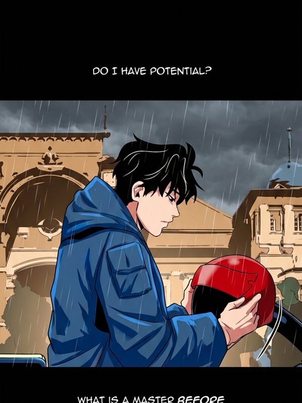Colorized manga panel — character in blue jacket holding red helmet in the rain, architectural buildings behind