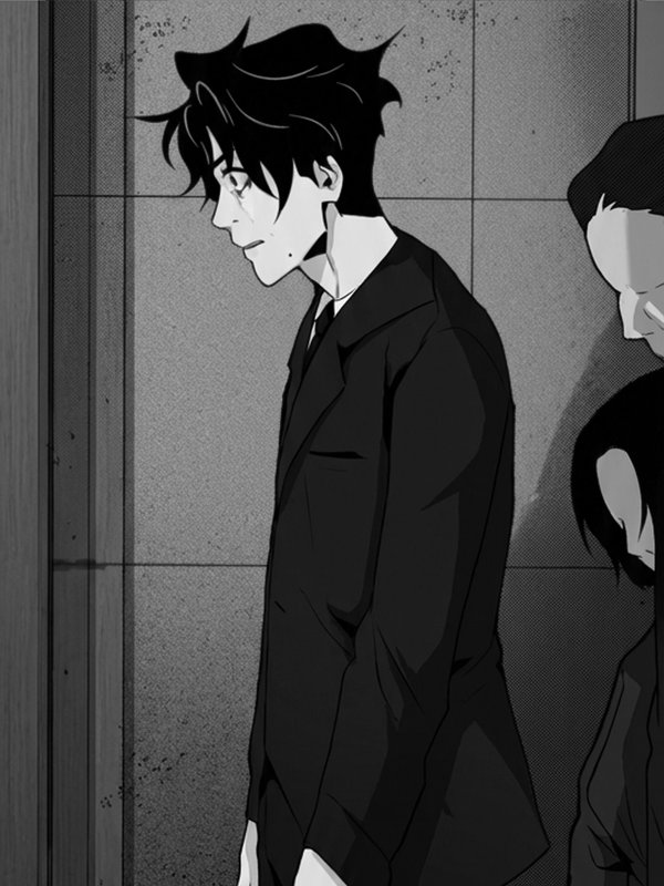 Original black and white manga panel — character close-up with high contrast