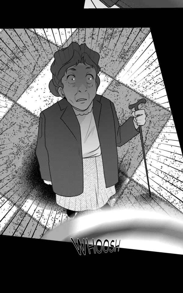 Original black and white manga panel — elderly woman with cane, screentone radial lines
