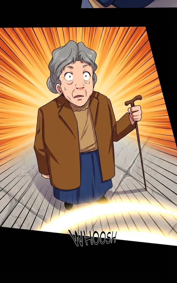 Colorized manga panel — elderly woman with cane in dramatic tilted angle, warm golden radial lines and brown jacket