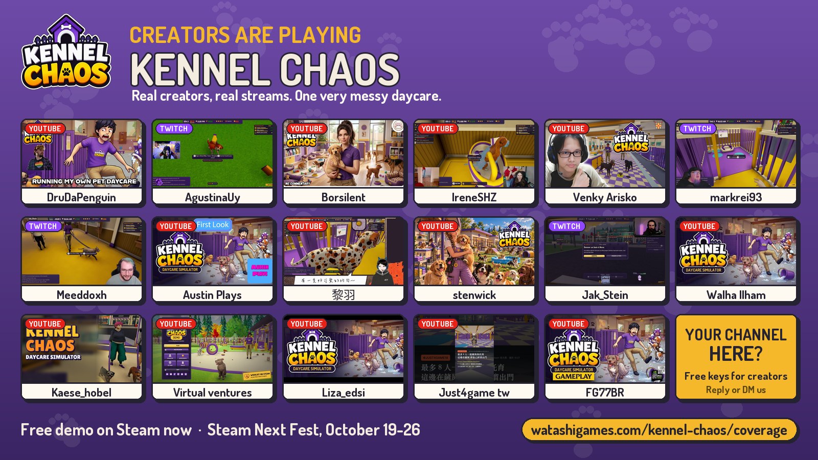Thumbnails of creators' Kennel Chaos videos and streams