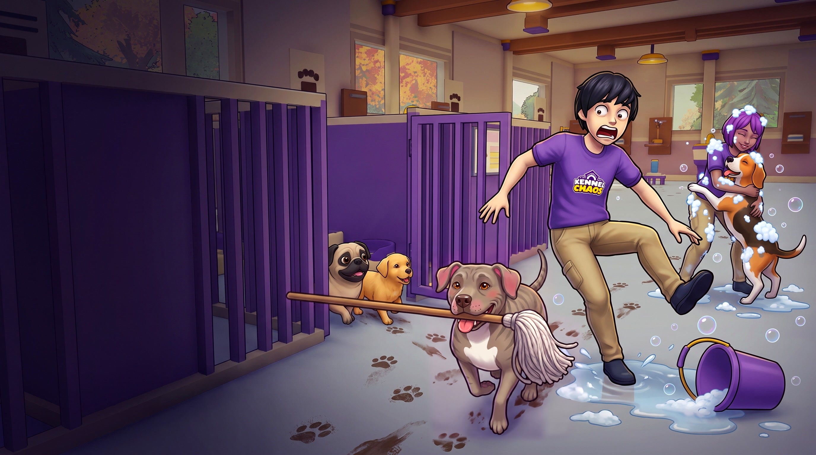 Kennel Chaos key art: an employee slips on a soapy floor while a dog runs off with the mop.