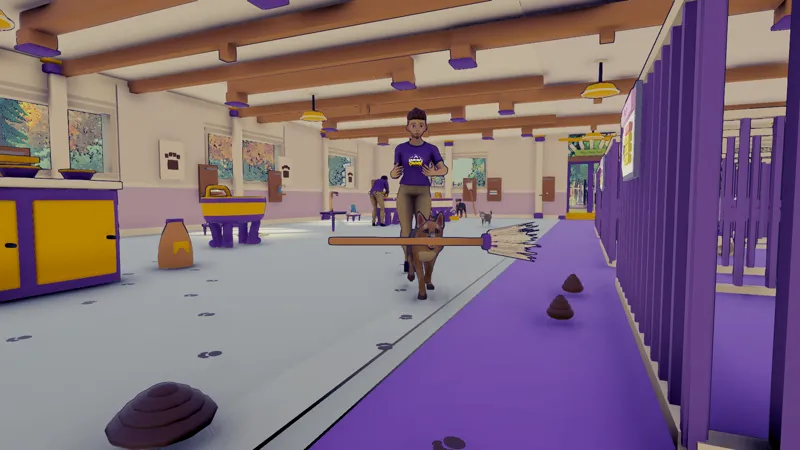 A dog runs down the kennel corridor carrying the mop in its mouth, past fresh poop on the floor.