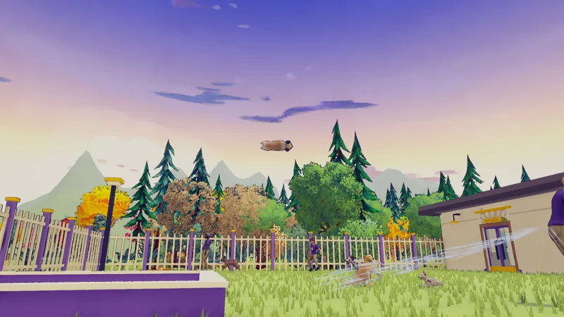 A pug sails through the air over the play yard at sunset after a blast from the hose.