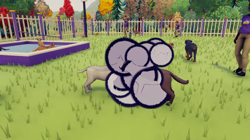 Two dogs vanish into a cartoon dust cloud of a fight in the play yard.