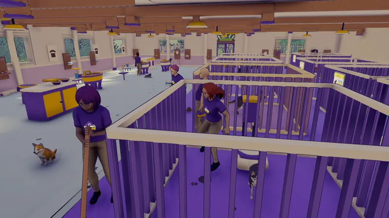 Employees in purple shirts work between rows of barred kennel runs.