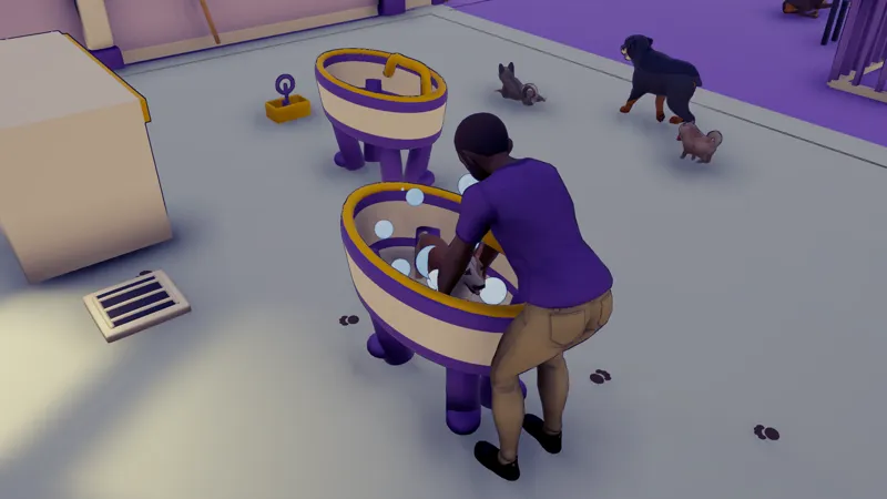 An employee bathes a small dog in a bubble-filled tub in the grooming room.