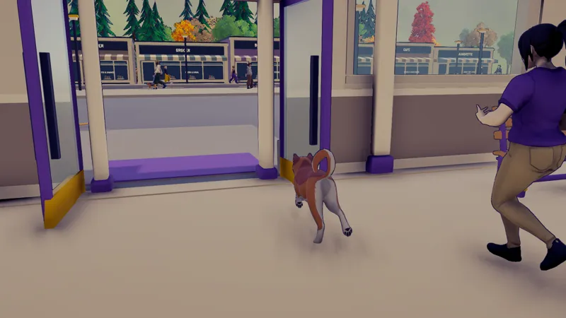 A dog bolts out of the front doors while an employee lunges after it.
