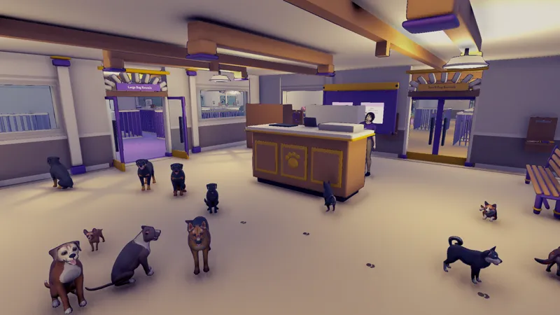 The reception room crowded with dogs of every breed around the front desk.