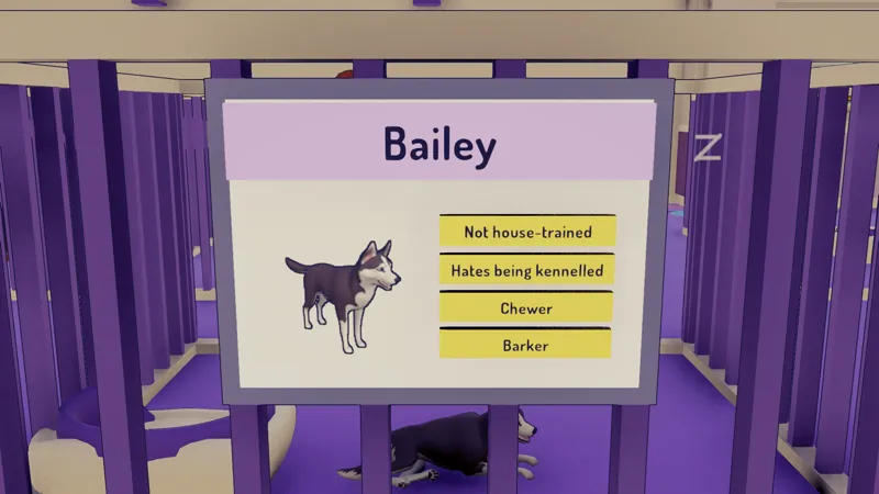A care card for Bailey the husky: not house-trained, hates being kennelled, chewer, barker.