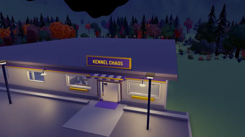 The Kennel Chaos storefront lit up at night.