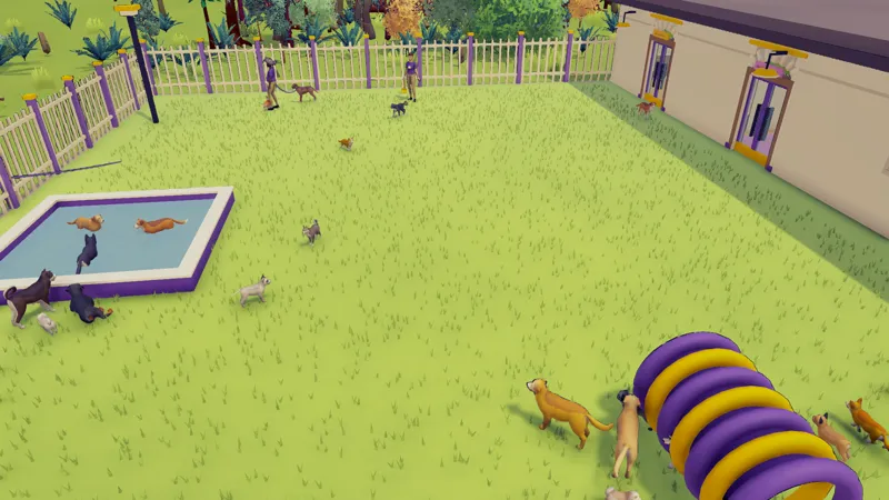 An overhead view of the fenced play yard with a paddling pool and tunnel.